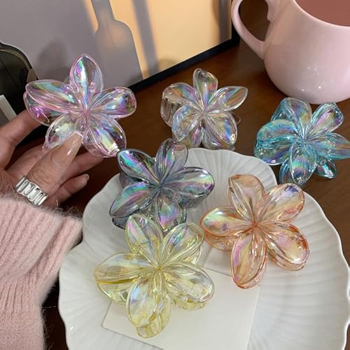 6PCS Colorful Clear Flower Claw Clips, Hawaiian Flower Hair Clips, NonSlip Strong Hold, Beach Hair Accessories for Women & Girls - Image 1